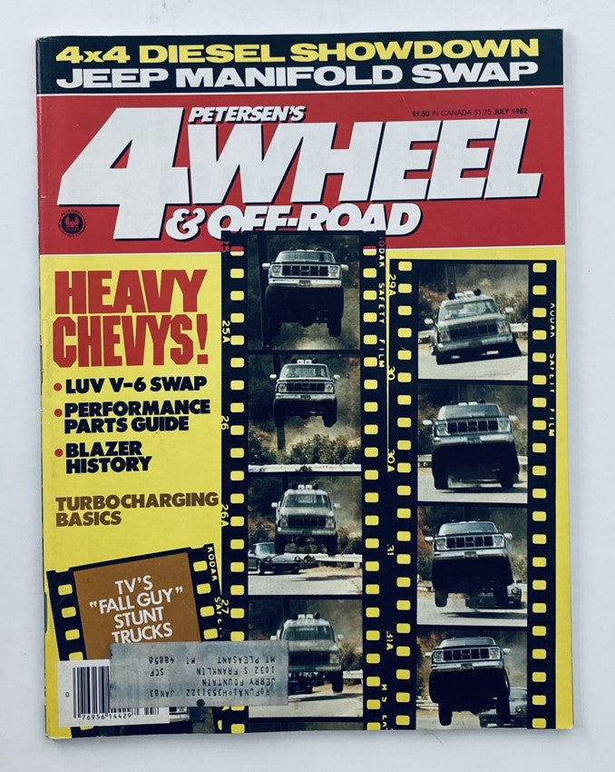 Petersen's 4 Wheel & Off-Road Magazine July 1982 cover featuring highlights such as Heavy Chevys, turbocharging basics, and a list of featured sections including Jeep manifold swaps and Diesel showdown.