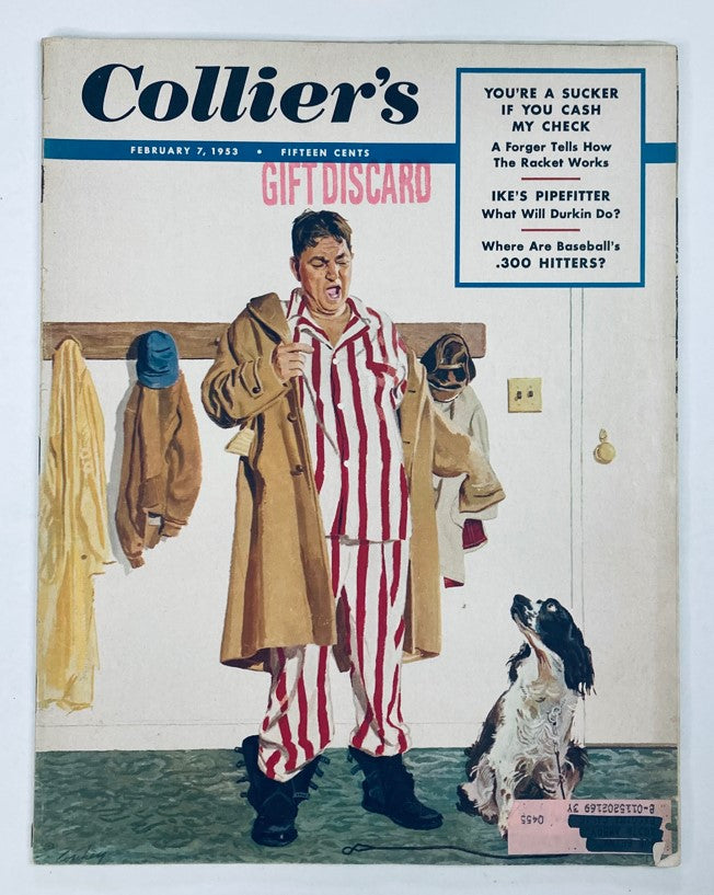 Cover of VTG Collier's Magazine February 7, 1953, Vol 131 No. 6 featuring a man in striped pajamas and a brown coat, standing surprised with a dog. The magazine title and date are displayed prominently.