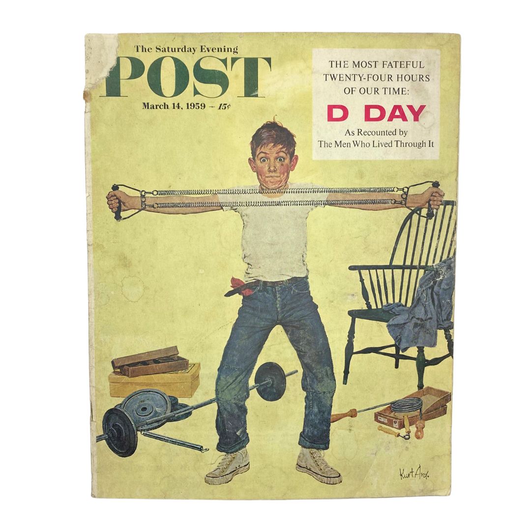 Cover of the Saturday Evening Post Magazine from March 14, 1959, featuring a boy stretching a resistance band, illustrated by Kurt Ard, emphasizing the nostalgic Americana theme.