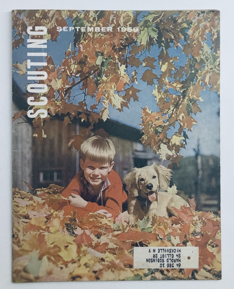 Cover of VTG Scouting Magazine September 1959 Vol 47 No. 7 featuring a young boy with a dog amidst colorful autumn leaves.