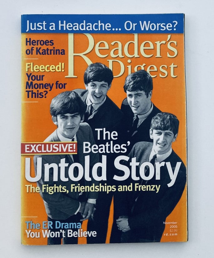 Cover of Reader's Digest Magazine November 2005 featuring 'The Beatles' Untold Story' with a group photo of the Beatles, highlighting their iconic presence in music history.