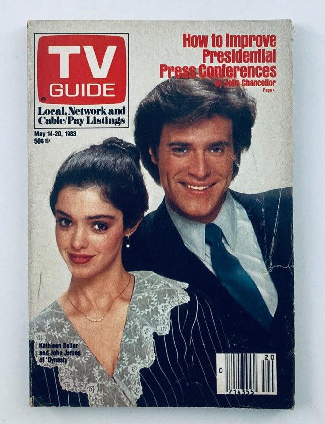 TV Guide Magazine cover from May 14, 1983 featuring Kathleen Beller and John James, showcasing nostalgic television history.