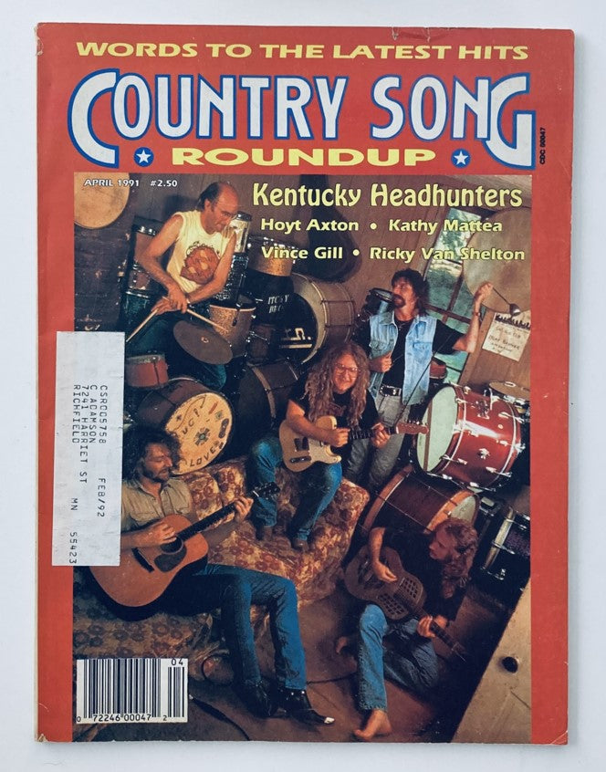 Cover of Country Song Roundup Magazine from April 1991 featuring the Kentucky Headhunters, Hoyt Axton, Kathy Mattea, Vince Gill, and Ricky Van Shelton, showcasing the vibrant country music scene of the early '90s.