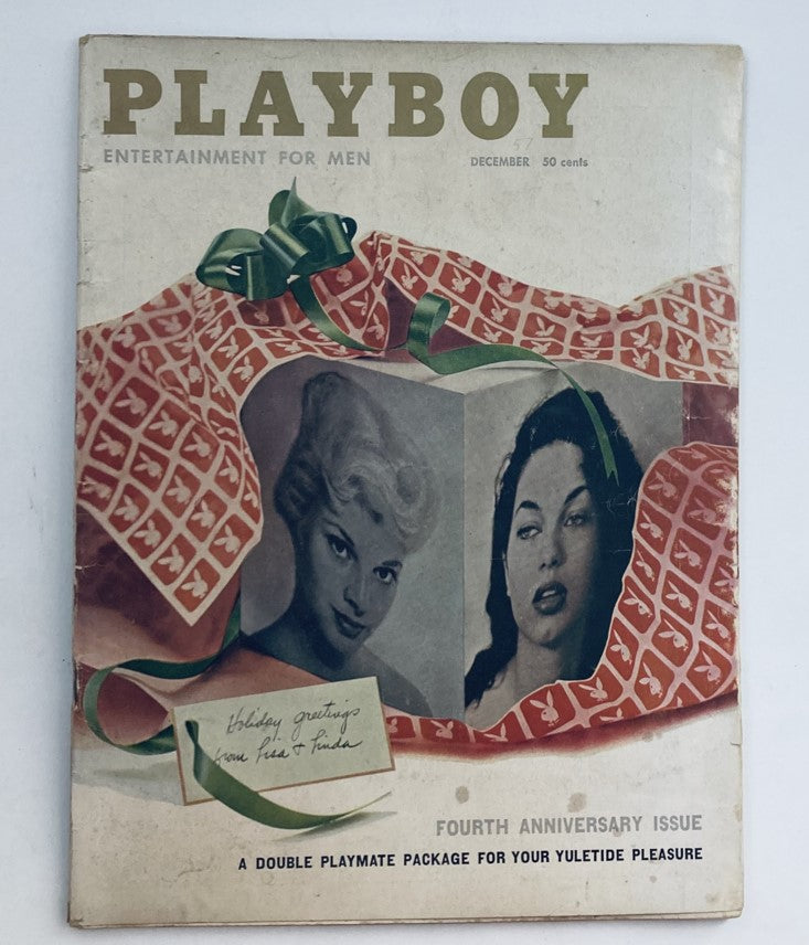 VTG Playboy Magazine December 1957 Cover featuring Lisa and Linda Vargas with holiday greetings and festive design.