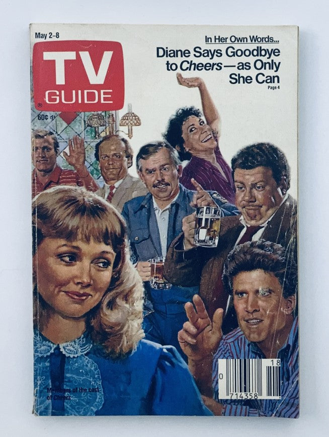 TV Guide Magazine May 2 1987 featuring the cast of Cheers, showcasing Diane saying goodbye in an iconic TV moment. Collectible magazine cover in excellent condition.