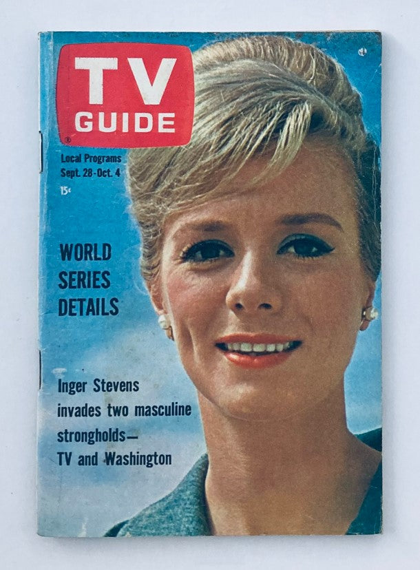 Cover of TV Guide Magazine September 28, 1963, issue number 548 featuring actress Inger Stevens. The magazine includes details about local programs and highlights the World Series, capturing the essence of early 1960s television nostalgia.