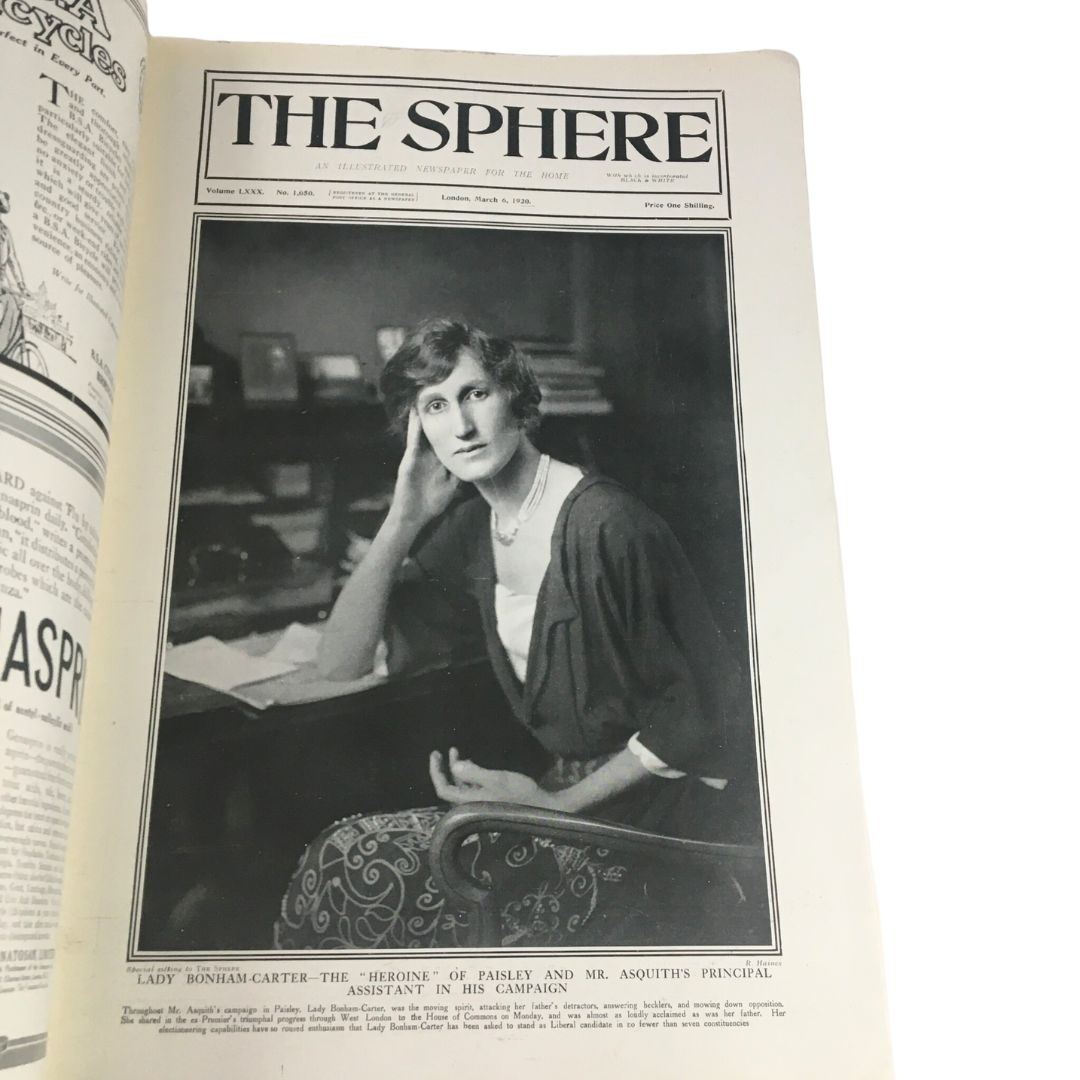 Historic image of Lady Bonham-Carter, the 'Heroine of Paisley,' featured in The Sphere Newspaper dated March 6, 1920. Captured with a thoughtful expression, she is depicted in a sophisticated attire, reflecting the style of the era.