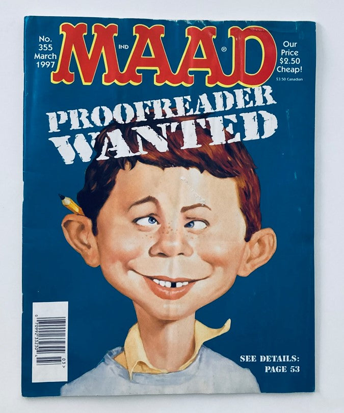 Mad Magazine March 1997 Cover Image featuring the headline 'Proofreader Wanted' and an illustration of a character with a humorous expression.
