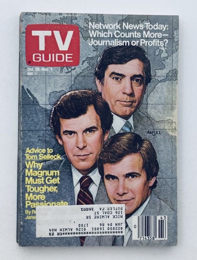 TV Guide Magazine from October 26, 1985 featuring 'Advice to Tom Selleck' on the cover, showcasing three male figures with headlines discussing network news and journalism.