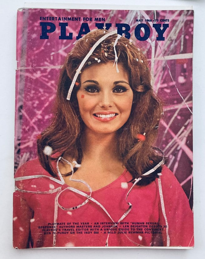 VTG Playboy Magazine May 1968 featuring Elizabeth Jordan on the cover, showcasing vintage aesthetics from the late '60s. This collectible issue includes classic articles and photography, highlighted by a colorful cover design.