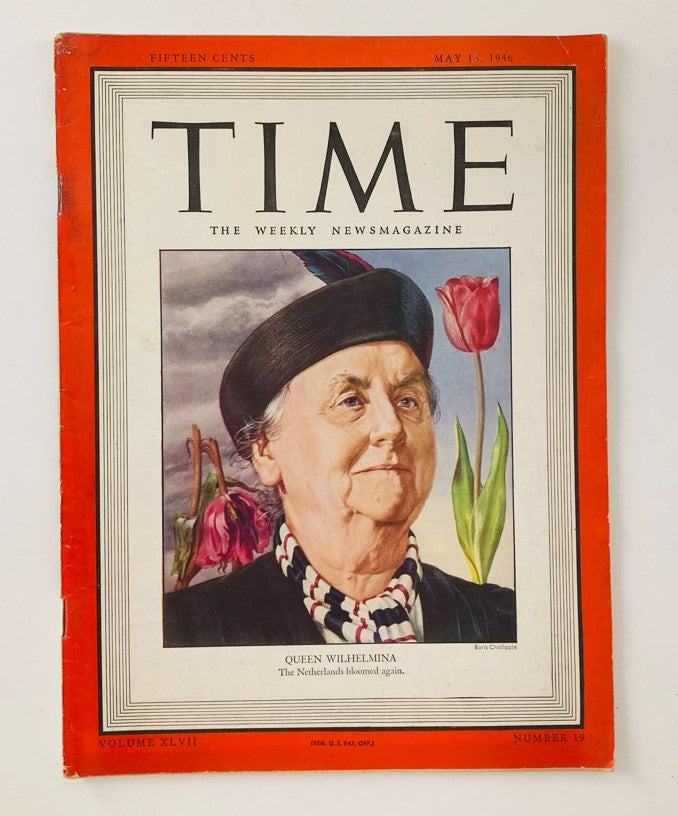VTG Time Magazine May 13 1946 featuring Queen Wilhelmina of the Netherlands on the cover, depicting her with tulips in the background, symbolizing resilience post-World War II.