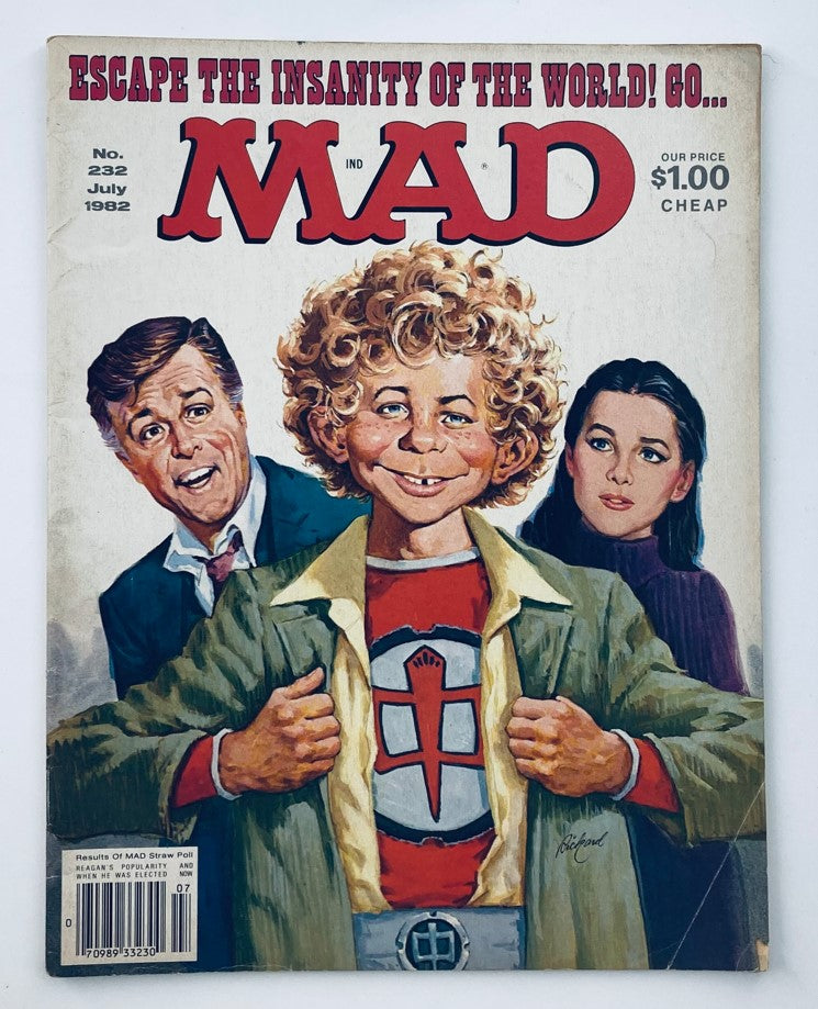 Cover of Mad Magazine July 1982 No. 232 featuring characters from 'The Greatest American Hero' in vibrant colors, showcasing a blend of humor and nostalgia.