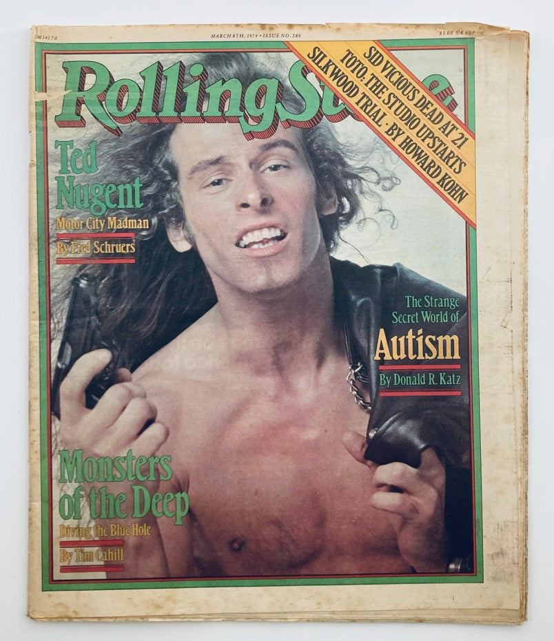 Vintage Rolling Stone Magazine, March 8, 1979, No. 286 featuring Ted Nugent on the cover with the headline 'Motor City Madman'. A classic collectible from the 1970s rock music era.