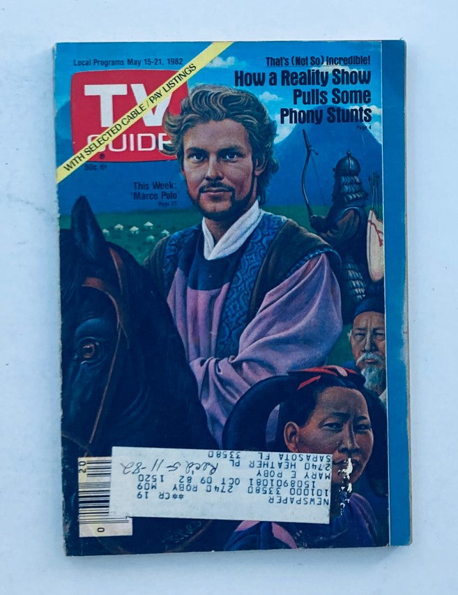 Cover of TV Guide Magazine dated May 15, 1982 featuring the week's highlight on 'Marco Polo' in the Tampa-Sarasota edition, showcasing vibrant artwork depicting characters from the show.