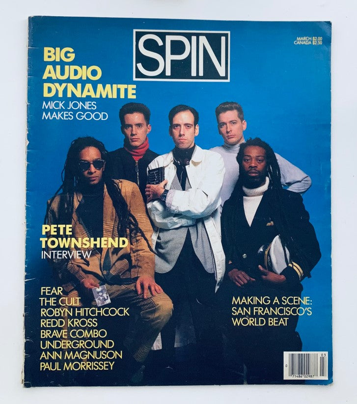 Spin Magazine March 1986 Vol 1 No. 11 featuring Big Audio Dynamite with Mick Jones on the cover, showcasing the dynamic music scene of the 1980s.