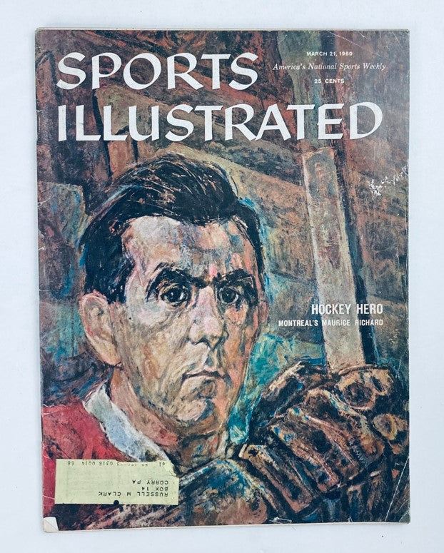 Sports Illustrated Magazine cover from March 21, 1960, featuring Maurice Richard, the iconic Montreal hockey player, showcasing a vibrant painting style. This issue highlights Richard's legacy as a hockey hero and offers a glimpse into the sports culture of the 1960s.