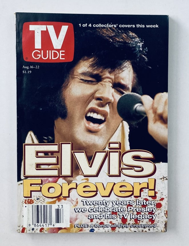 TV Guide Magazine cover from August 16, 1997 featuring Elvis Presley, titled 'Elvis Forever!'. Celebrating twenty years of Elvis Presley and his TV legacy.