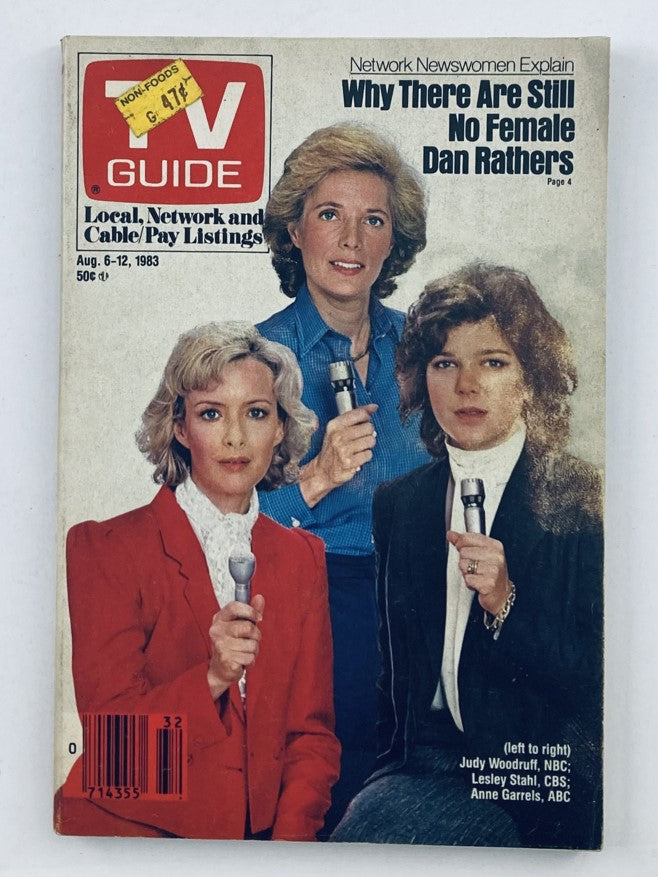 TV Guide Magazine August 6 1983 featuring newswomen Judy Woodruff, Lesley Stahl, and Anne Garrels on the cover with microphones, discussing the lack of female news anchors.