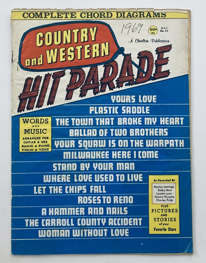 Cover of Country & Western Hit Parade Magazine from May 1969, featuring song titles and complete chord diagrams, showcasing the vibrant country music scene of the era.
