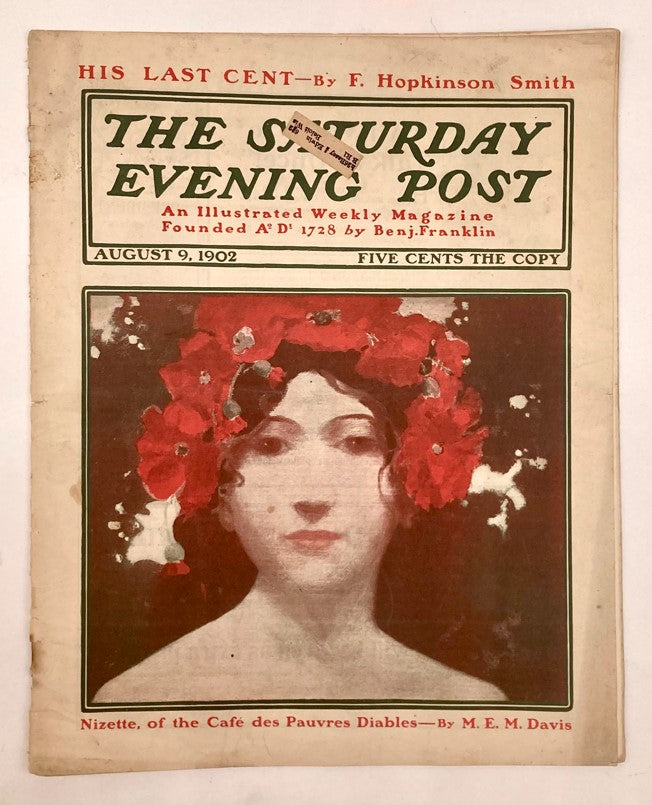 Saturday Evening Post Magazine Illustrated Cover August 9 1902 featuring artwork of a woman with flowers. Vintage magazine showcasing early 20th-century design.