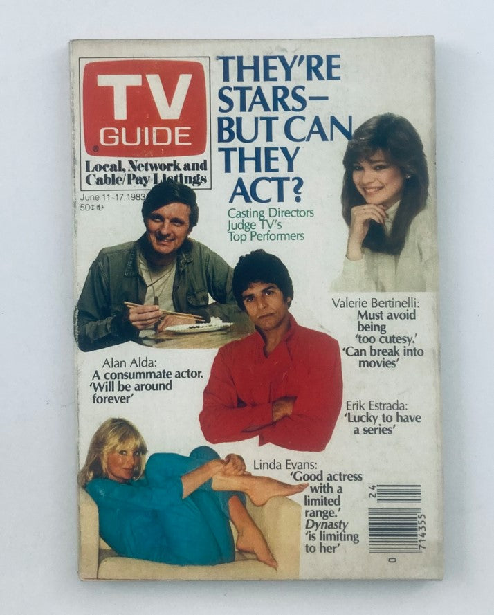 Cover of TV Guide Magazine from June 11, 1983 featuring Alan Alda, Linda Evans, and other stars with the headline 'They’re Stars – But Can They Act?'. Contains details about television programming and actor commentary.