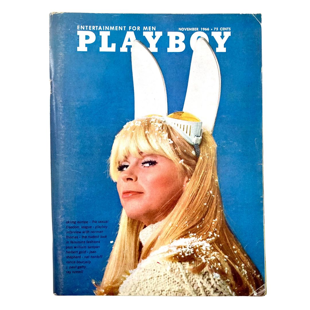 VTG Playboy Magazine November 1966 featuring Sue Batchelor on the cover, showcasing a stylish vintage look with white bunny ears and a snowy background.