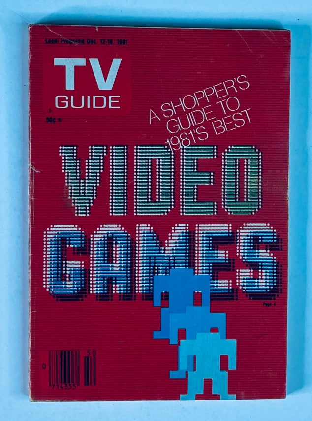 Cover of TV Guide Magazine December 12 1981, issue #1498, featuring bold text 'VIDEO GAMES' with a shopper's guide theme, highlighting the popular video games of 1981.