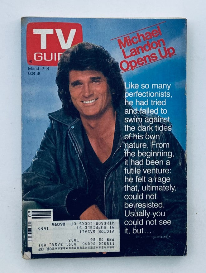 TV Guide Magazine March 2 1985 featuring Michael Landon on the cover, showcasing an image of him smiling with his signature hairstyle and leather jacket, headlines discussing his personal insights.