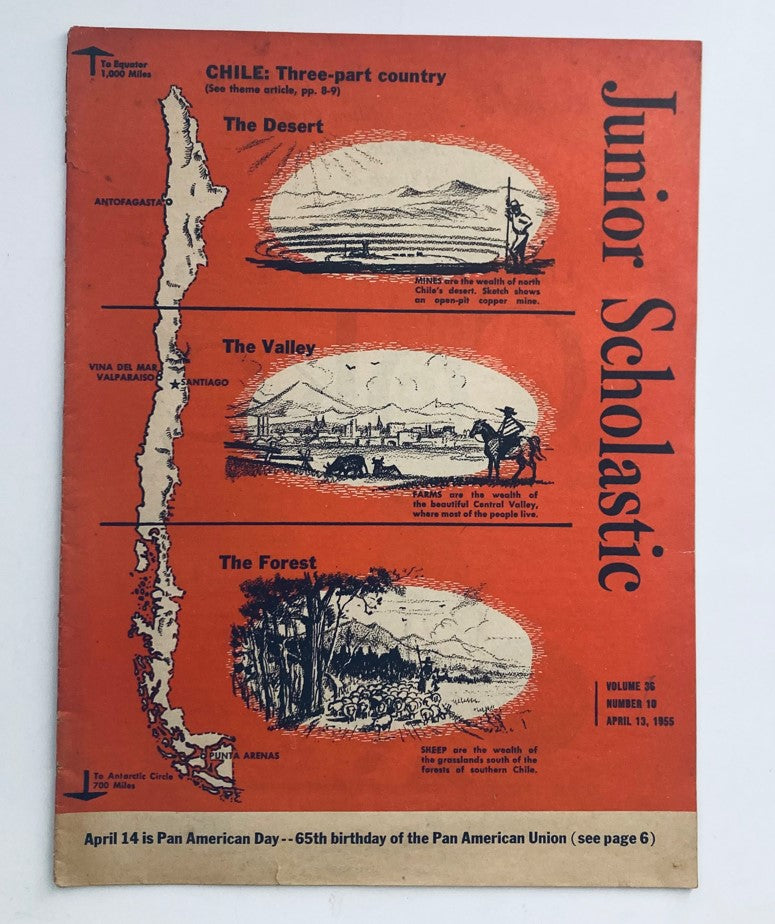 Cover of Junior Scholastic Magazine April 13, 1955 featuring a three-part article about Chile, highlighting The Desert, The Valley, and The Forest with illustrations and descriptions.