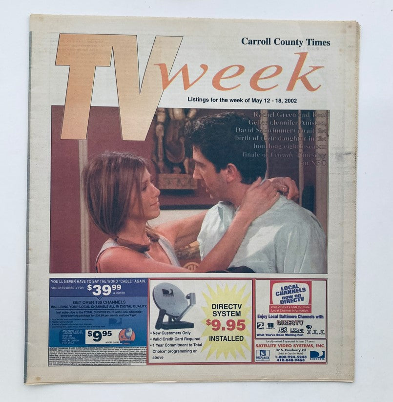 TV Week Magazine May 12 2002 cover featuring Jennifer Aniston and David Schwimmer in a romantic scene from 'Friends'. Vintage magazine showcasing iconic television moments.