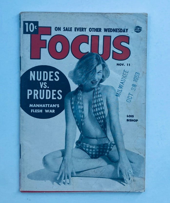 VTG Focus Magazine November 11 1953 cover featuring the article 'Nudes vs Prudes' with a model posing in a swimsuit.