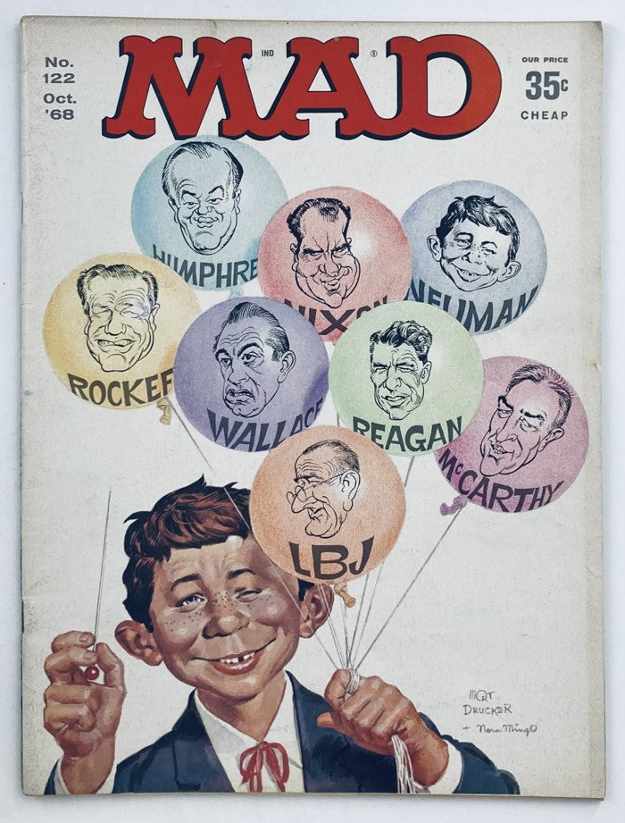 Cover of Mad Magazine, October 1968 No. 122 featuring a cartoon character with balloons of presidential candidates, showcasing a humorous take on the 1968 election.