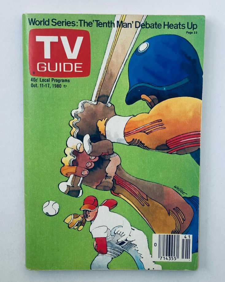 Cover of TV Guide Magazine from October 11, 1980 featuring an illustration related to the World Series and the article 'The Tenth Man' debate, showcasing a baseball player at bat and another in the foreground.