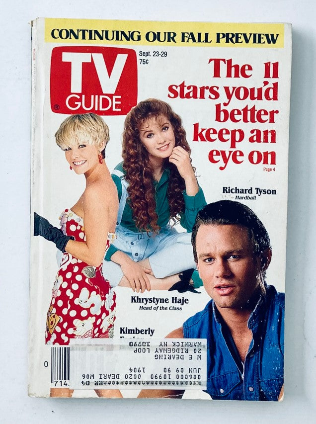TV Guide Magazine September 23 1989 featuring Kimberly Foster, Richard Tyson, and Khrystyne Haje on the cover, showcasing iconic TV stars of the late 1980s.
