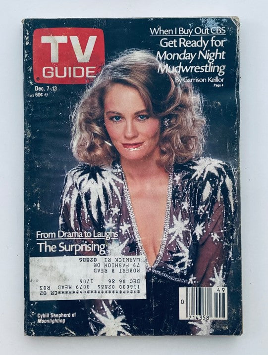 TV Guide Magazine December 7 1985 featuring Cybill Shepherd on the cover, showcasing the iconic actress with a glamorous hairstyle and a sparkling outfit, representing a nostalgic piece of entertainment history.