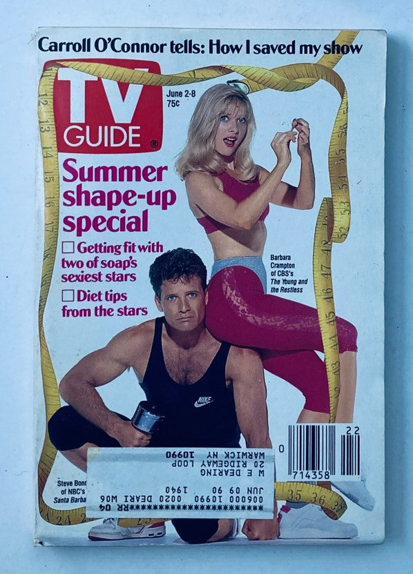 TV Guide Magazine June 2 1990 cover featuring Barbara Crampton and Steve Bond. The cover promotes a Summer shape-up special, highlighting 'getting fit with two of soap's sexiest stars' and includes diet tips. This vintage magazine captures early 90s television culture.