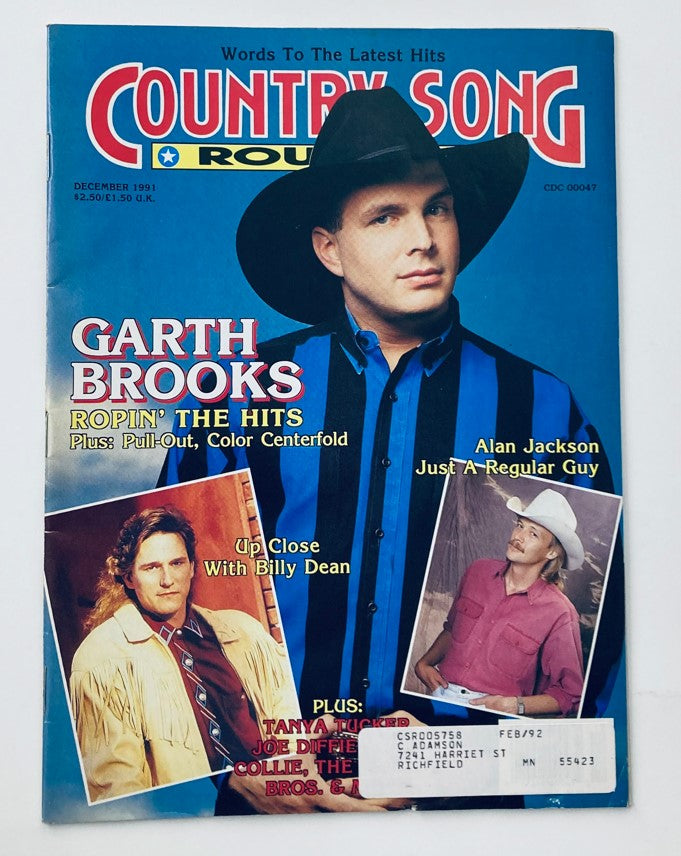Country Song Roundup Magazine December 1991 featuring Garth Brooks on the cover, showcasing the title and artists including Billy Dean and Alan Jackson.