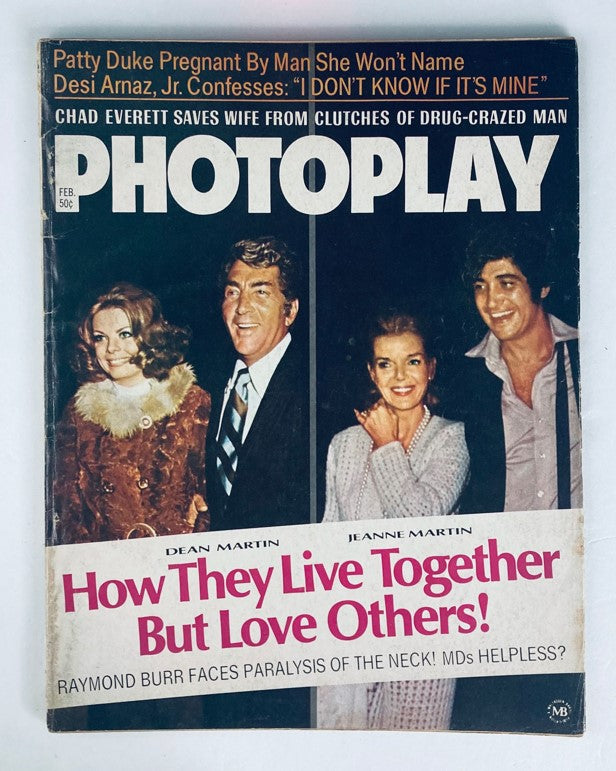 Cover of VTG Photoplay Magazine February 1971 Vol 79 No. 2 featuring Dean Martin and Jeanne Martin, showcasing classic Hollywood themes with notable headlines.
