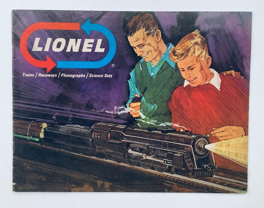 Vintage 1966 Trains Raceways Phonographs & Science Sets Catalog cover featuring two boys engaging with a model train by Lionel.