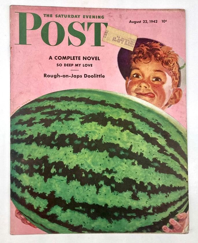 Saturday Evening Post Magazine August 22 1942 illustrated cover featuring a playful boy holding a large watermelon, showcasing artwork by Charles Kaiser.