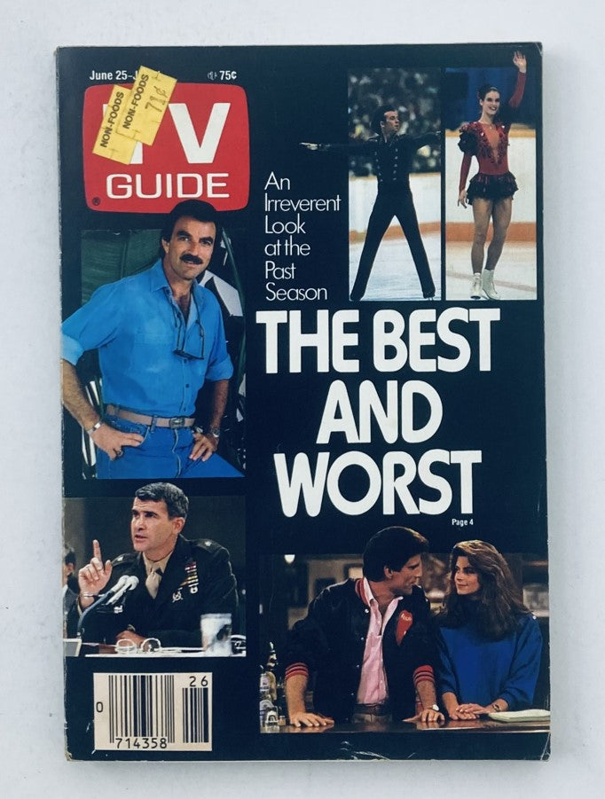 TV Guide Magazine June 25 1988 featuring Tom Selleck on the cover, showcasing an irreverent look at the past television season, titled 'The Best and Worst' with images of various TV personalities.