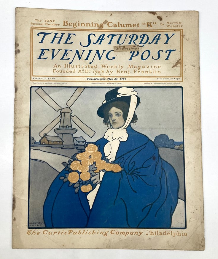 Saturday Evening Post Illustrated Cover May 25 1901 featuring a woman with flowers near a windmill, showcasing vintage magazine art.