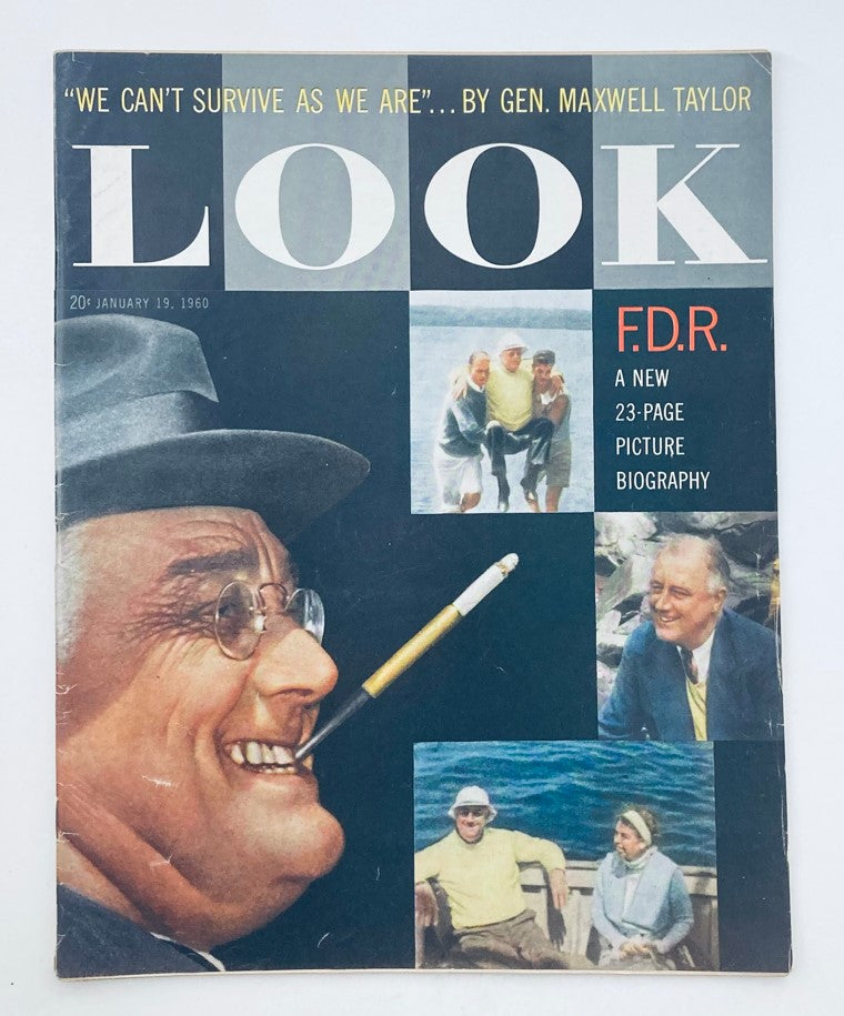 VTG Look Magazine January 19 1960 Vol 24 No. 2 featuring Franklin D. Roosevelt on the cover with a prominent image of him and accompanying photos in a vintage layout.