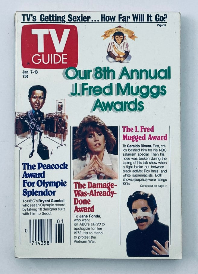 TV Guide Magazine cover from January 7, 1989 featuring Jane Fonda, 'Our 8th Annual J. Fred Muggs Awards'. Highlights include various awards with images of notable figures.
