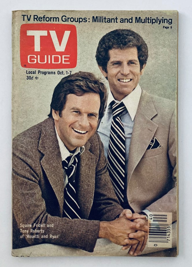 Cover of TV Guide Magazine October 1 1977 featuring Squire Fridell and Tony Roberts, showcasing classic 1970s television culture.