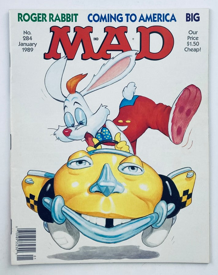 Cover of Mad Magazine January 1989, Issue No. 284 featuring Roger Rabbit and a taxi, highlighting the theme 'Coming to America' with vibrant illustrations.