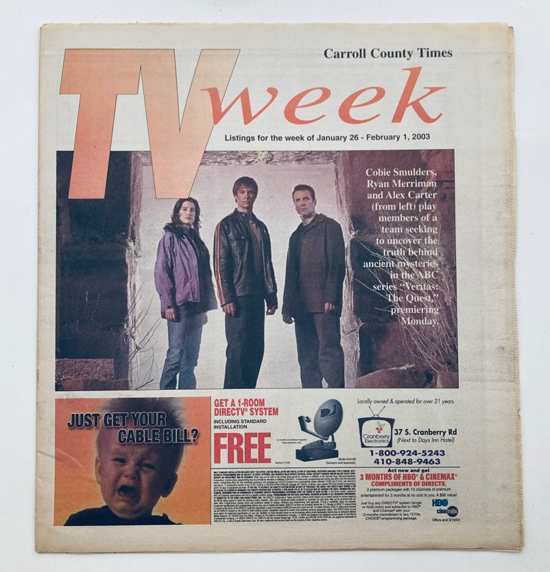 TV Week Magazine January 26, 2003 cover featuring Cobie Smulders, Ryan Merriman, and Alex Carter. The magazine includes listings for television programming and showcases popular stars of early 2000s television.