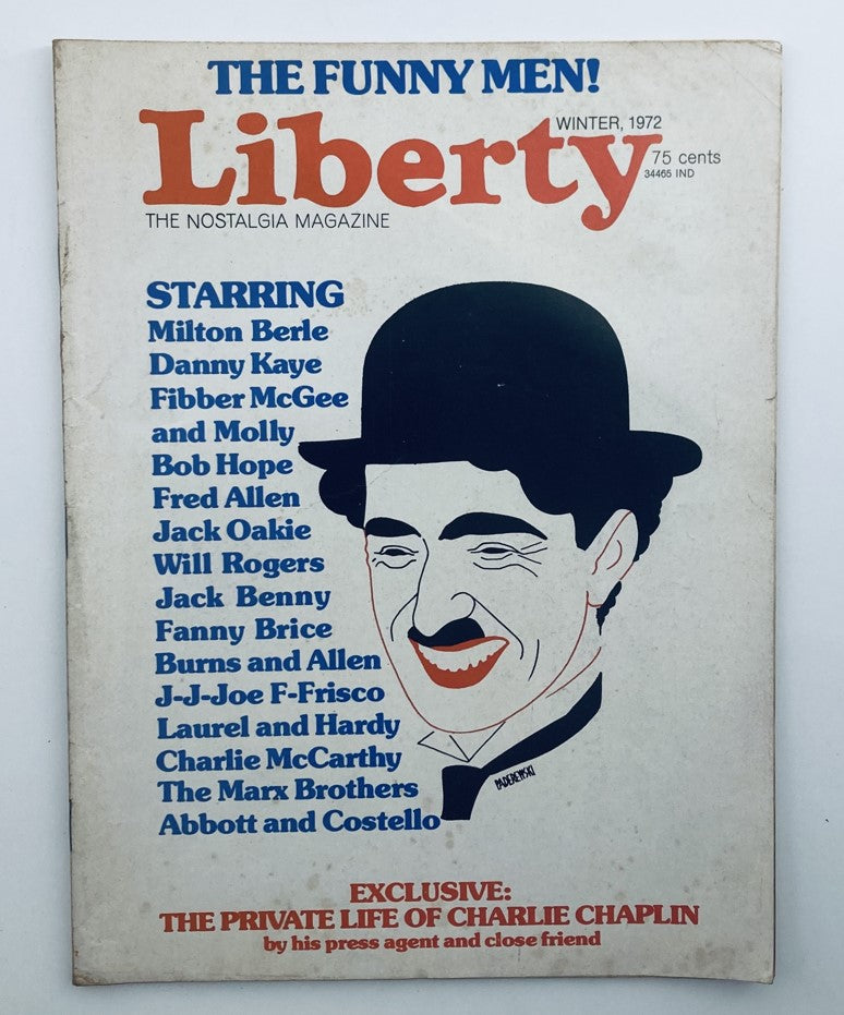 Cover of VTG Liberty The Nostalgia Magazine Winter 1972 featuring an illustration of Charlie Chaplin along with a list of featured stars including Milton Berle, Bob Hope, and Laurel and Hardy.