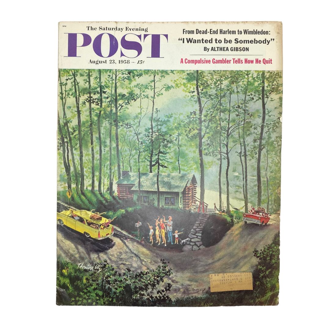 Cover of the Saturday Evening Post Magazine, August 23, 1958, featuring the 'Traveling Joneses' illustration by Thornton Utz, showcasing a scenic green landscape with a family enjoying a camping trip.