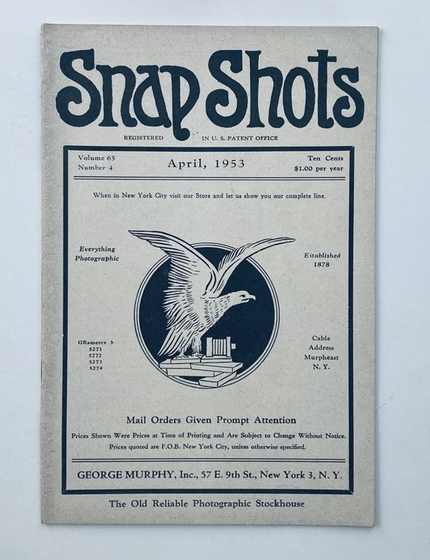 Cover of VTG Snap Shots Magazine April 1953 Vol 65 No. 4 featuring the Eastman 2D View Camera, showcasing vintage photography aesthetics.
